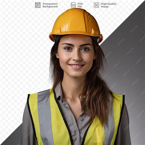 Premium Psd A Woman Wearing A Yellow Hard Hat Stands In Front Of A