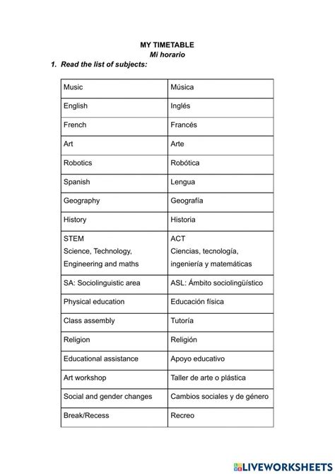 Timetable online pdf worksheet | Live Worksheets