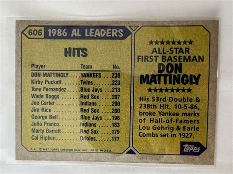 Topps All Star Card Don Mattingly New York Yankees Mlb