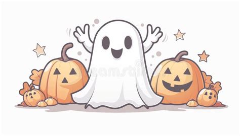 Cheerful Ghost Cartoon With Halloween Pumpkins And Festive Decor Stock