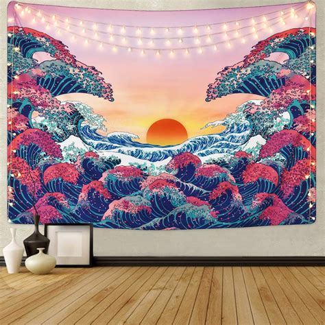 Alishomtll Tapisserie Murale Japonaise Motif Vagues Coucher De