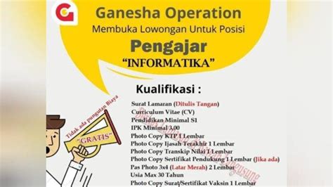 Ganesha Operation Ambon Buka Lowongan Kerja Posisi Pengajar