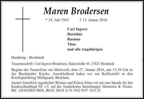 Traueranzeigen Von Maren Brodersen Sh Z Trauer