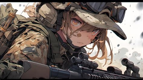 Premium AI Image | Anime illustration of a girl in a military helmet and camouflage