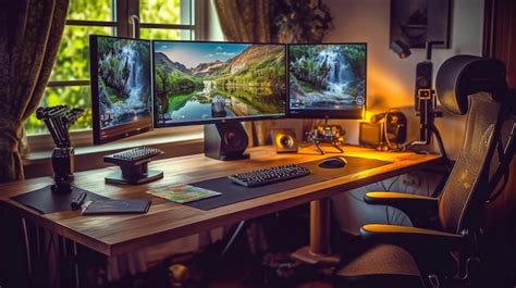 Premium AI Image A Desk With Two Monitors Workspace Set Home Office