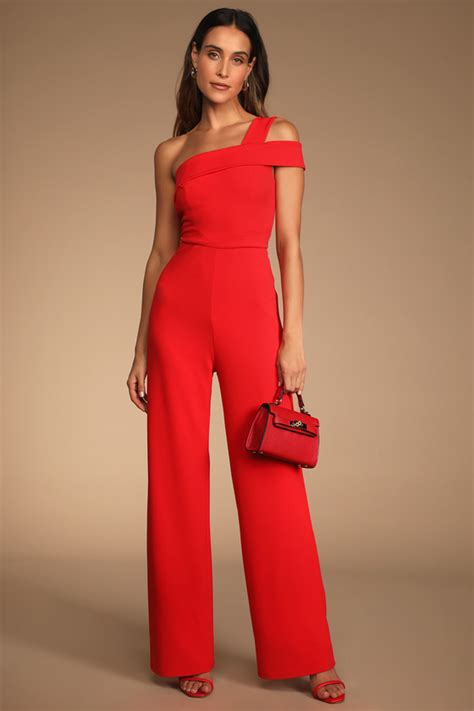 Red Jumpsuit One Shoulder Jumpsuit Wide Leg Jumpsuit Lulus