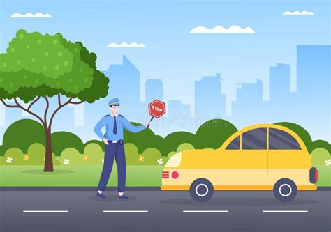 Police Officer Stopping Car Vector Illustration Of With Standing And