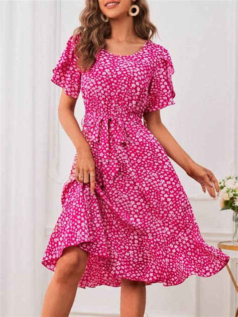 SHEIN LUNE Ditsy Floral Ruffle Hem Belted Dress SHEIN USA