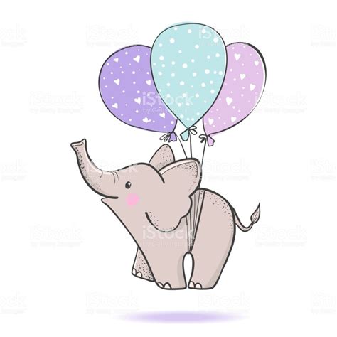 Cute Hand Drawn Elephant Flying On Balloons Royalty Free Abstract