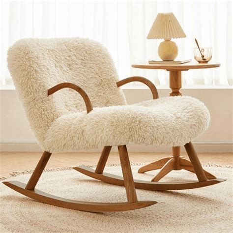 White Boucle Upholstery Rocking Chair Solid Wood Accent Chair In Walnut