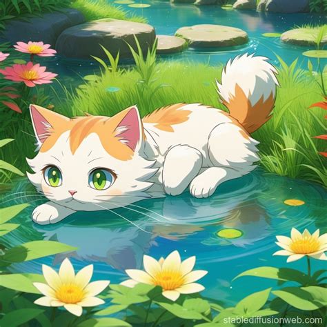 Kitty Laying On Grass Studio Ghibli Pond Of Water Prompts Stable