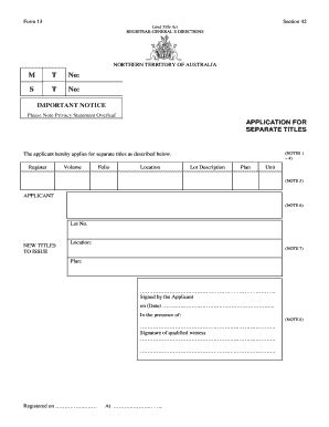 Fillable Online Nt Gov Form Application For Separate Titles