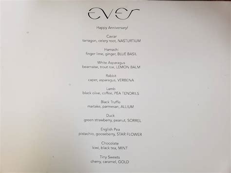 Menu at Ever Restaurant, Chicago