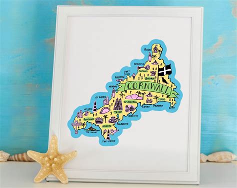 Cornwall Map Art Print Map Of Cornwall Illustrated Art Print Etsy