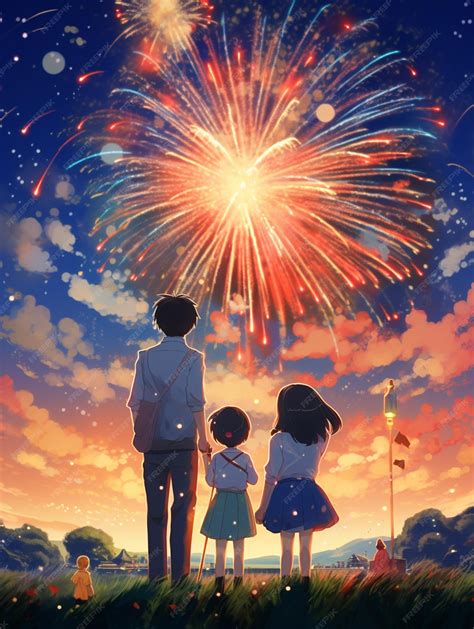 Premium AI Image | anime characters watching fireworks in the sky with ...