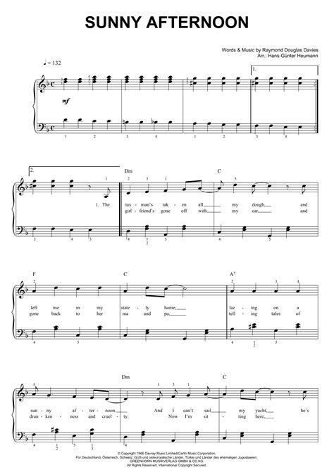 The Kinks 'Sunny Afternoon' Sheet Music & Chords | Printable Piano & Vocal PDF Notes ...