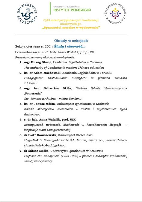 Program Mi Dzynarodowa Konferencja Naukowa Pt Sprawno Ci Moralne W