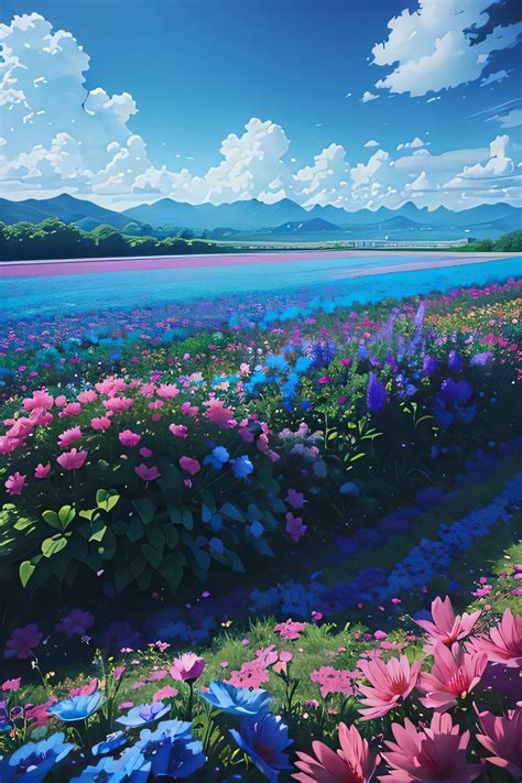 A Painting Of A Field Of Flowers With A Lake In The Background Seaart Ai