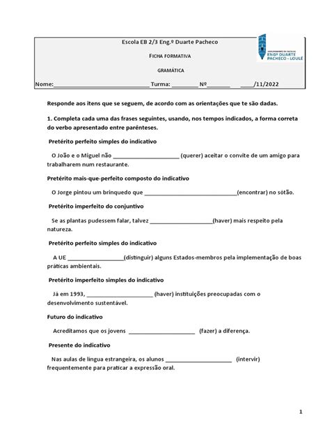 Ficha Formativa Verbos Adjetivos Nomes Pdf