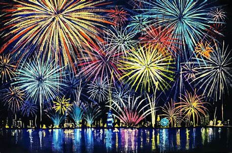 Fireworks over Water and City Buildings