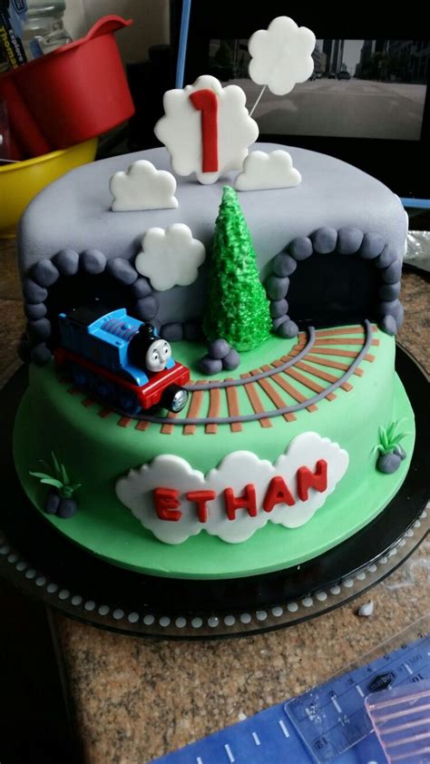 Fondant thomas the train engine birthday cake, with track and tunnel ...