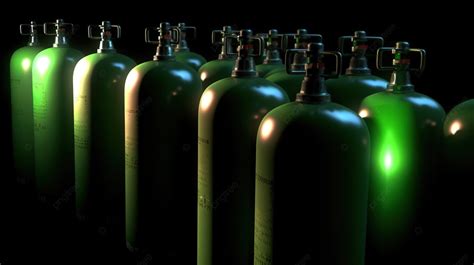 Several Green Gas Cylinders Are Arranged On A Black Background 3d