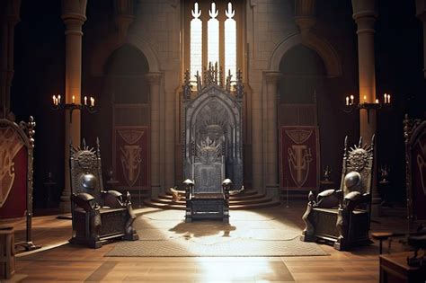 Premium AI Image | Royal throne room in castle with suit of armor and saber guards on either ...