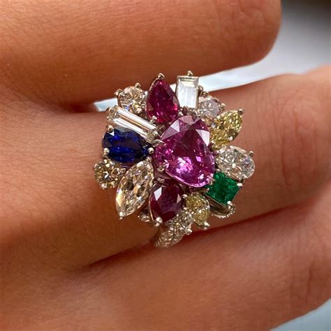 Multi Colored Gemstones And Diamonds Cocktail Ring Platinum 5 37cttw For Sale At 1stdibs