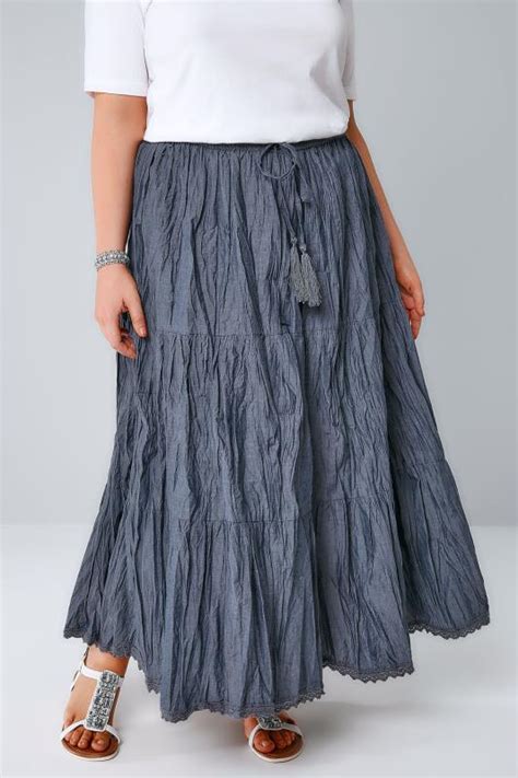 Blue Chambray Tiered Crinkle Maxi Skirt Plus Size 16 To 36