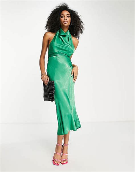 Asos Design Cowl Neck Halter Midi Dress With Tie Wrap Waist In Green Asos