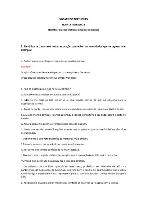Identificação Em Uma Frase - STX Ficha de Trabalho 1: Identificação de Orações em Frases - Studocu