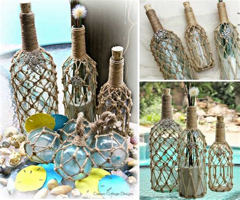 Jute Knotted Bottles And Lanterns Video Instructions Alcohol Bottle Crafts Bottles Decoration