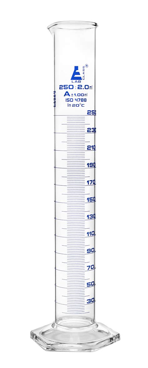 Graduated Cylinder 250ml Class A Tolerance 100ml Hexagonal Base Blue Graduations