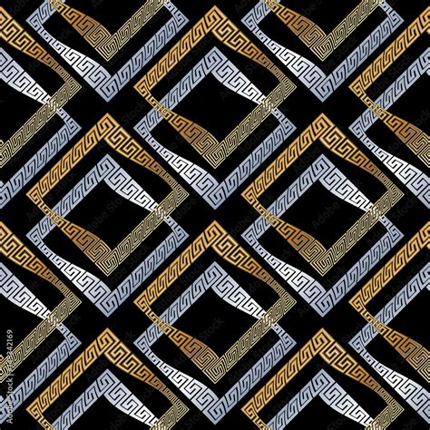 Modern geometric seamless pattern. Black background wallpaper illustration with gold and silver ...