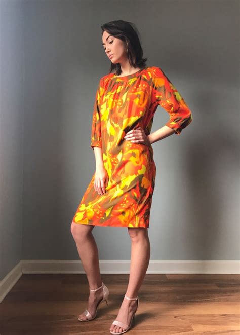 Vintage S Mod Orange Watercolor Dress Gem