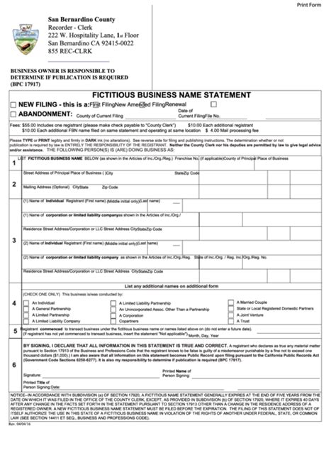 Ficticious Business Name Statement Fillable Form Sonoma County