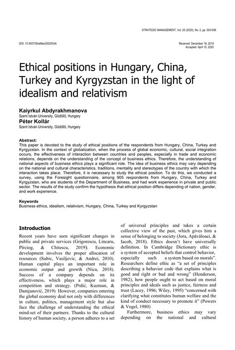 Pdf Ethical Positions In Hungary China Turkey And Kyrgyzstan In The Light Of Idealism And