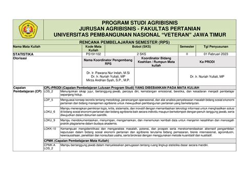 Rps Statistika Obe Program Studi Agribisnis Jurusan Agribisnis