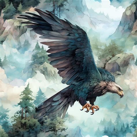 Premium AI Image Painting Of A Large Bird Flying Over A Mountain With