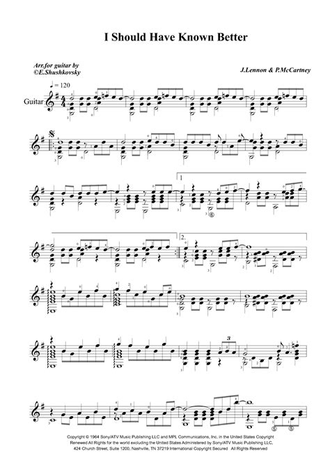 I Should Have Known Better Arr Evgeny Shushkovsky By The Beatles Sheet Music For Solo Guitar