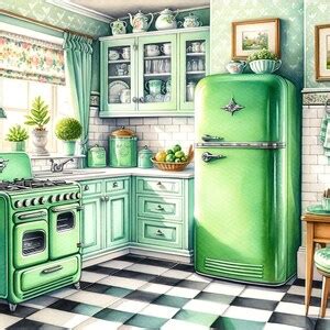 Watercolor Retro Green Kitchen Clipart Vintage 50 S Kitchen Clip Art