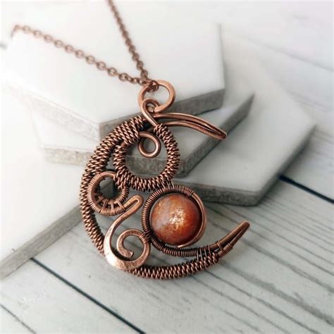 Sunstone Necklace Wire Wrapped Crescent Moon Necklace With Inspire