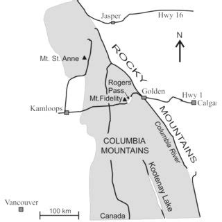 Map of the Columbia Mountains, British Columbia, Western Canada. Mt ...