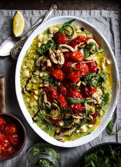 Pesto Risotto With Mushrooms Roast Tomatoes