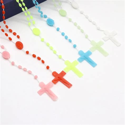 Luminous Catholic Christ Jesus Cross Plastic Rosary Crucifix Necklace