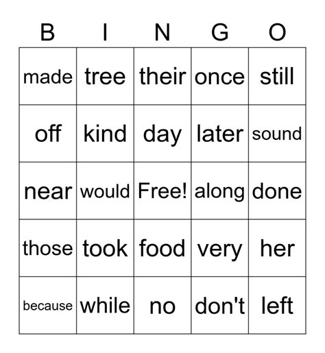 Nd Grade Sight Word Bingo Bingo Card