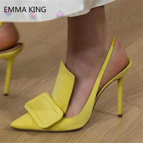 2019 Spring Women Shoes New Yellow Satin Fabric Square Buckle Strap High Heels Pointed Toe 10cm