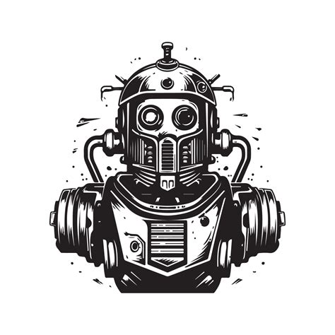 futuristic robot, vintage logo line art concept black and white color ...