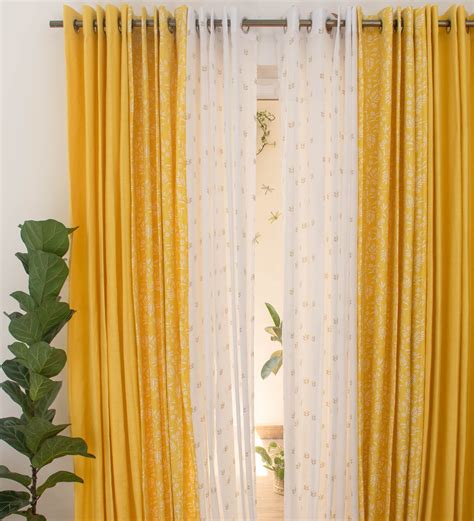 Buy Yellow Floral Cotton 5 5 Ft Semisheer Eyelet Window Curtain At 100