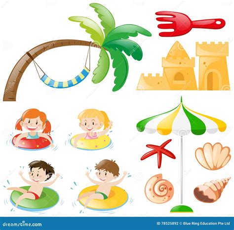 Enfants Nageant Et Objets De Plage Illustration De Vecteur